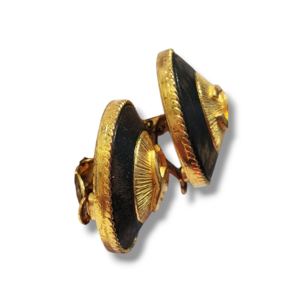 CHANEL Vintage Gold Sunburst CC Logo & Wood Clip Y2K Earrings CHANEL 93A France - Picture 10 of 17